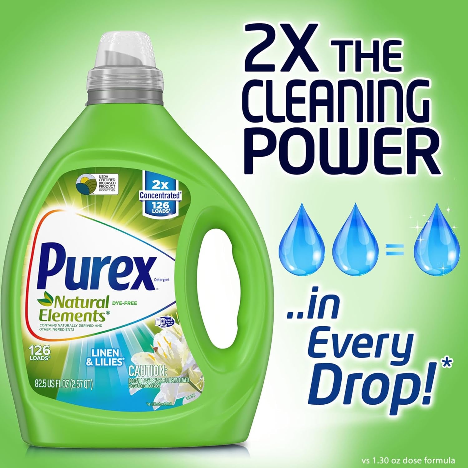 Liquid Laundry Detergent, Natural Elements Linen & Lilies, 2X Concentrated, 126 Loads, 82.5 Fl Oz