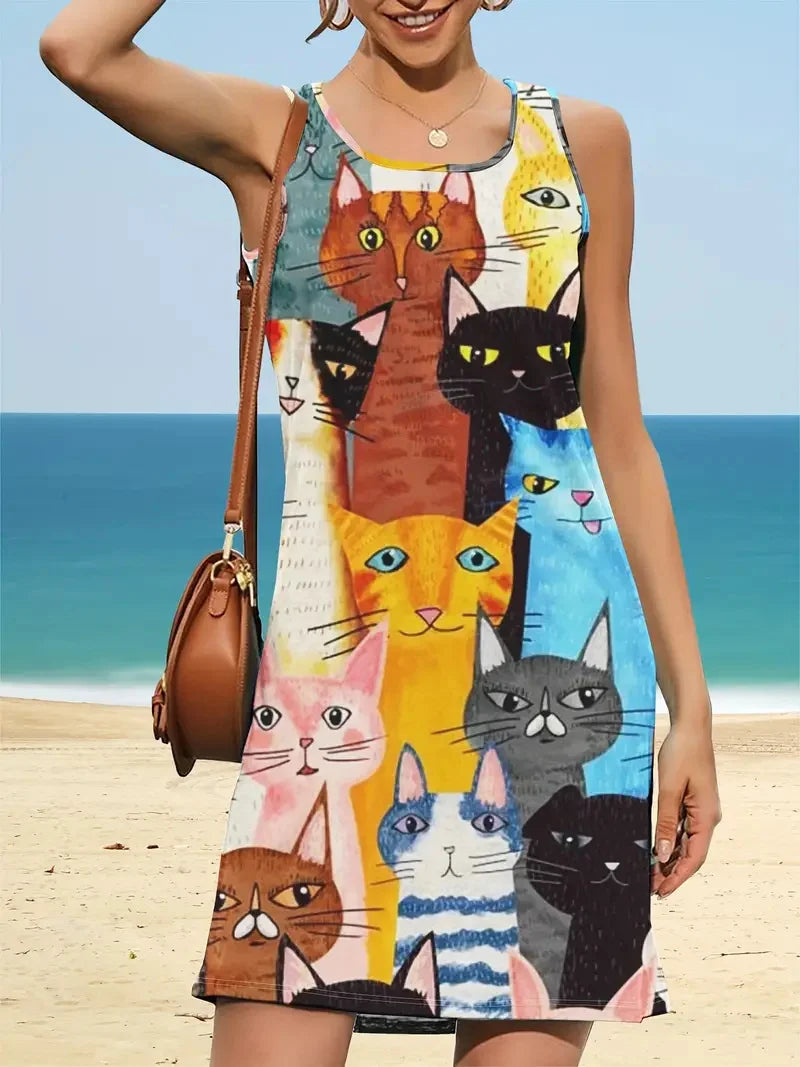 Floral Pattern Printed Round Neck Sleeveless Dress