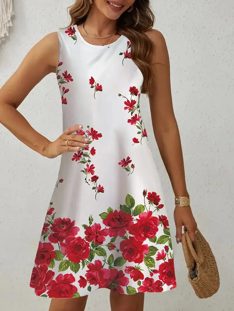 Floral Pattern Printed Round Neck Sleeveless Dress