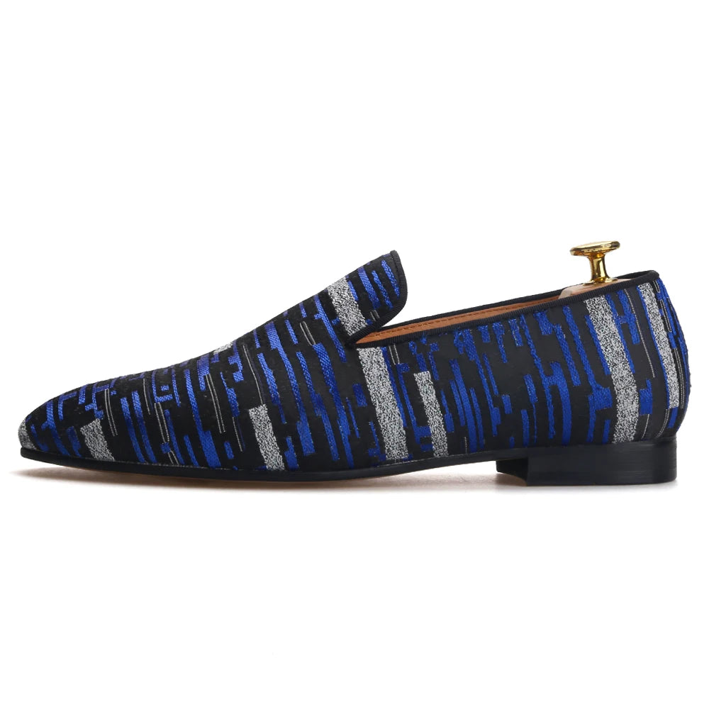 Piergitar 2021 New Blue Color Silk Men's Loafers For Party and Banquet Handmade Men Smoking Slippers Plus Size Item No.139850