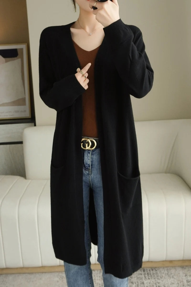 YSC New style Women Knitted Cashmere wool blend Cardigan V collar Super long style Buttonless pocket trim High-quality Cardigan