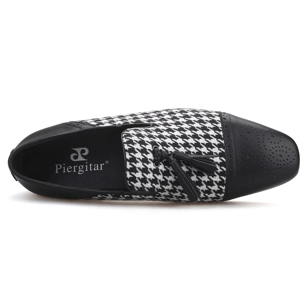 Piergitar brand new design houndstooth pattern men tassel shoes handmade men's loafers for party and prom men smoking slipper
