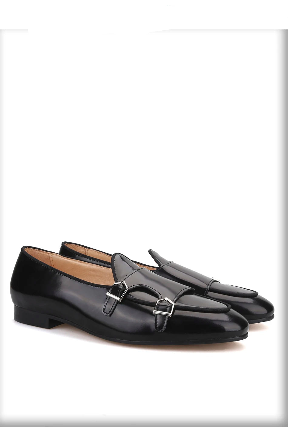 Men's handmade black leather loafers with metal buckle. Fashion Party and Wedding men's dress shoes.