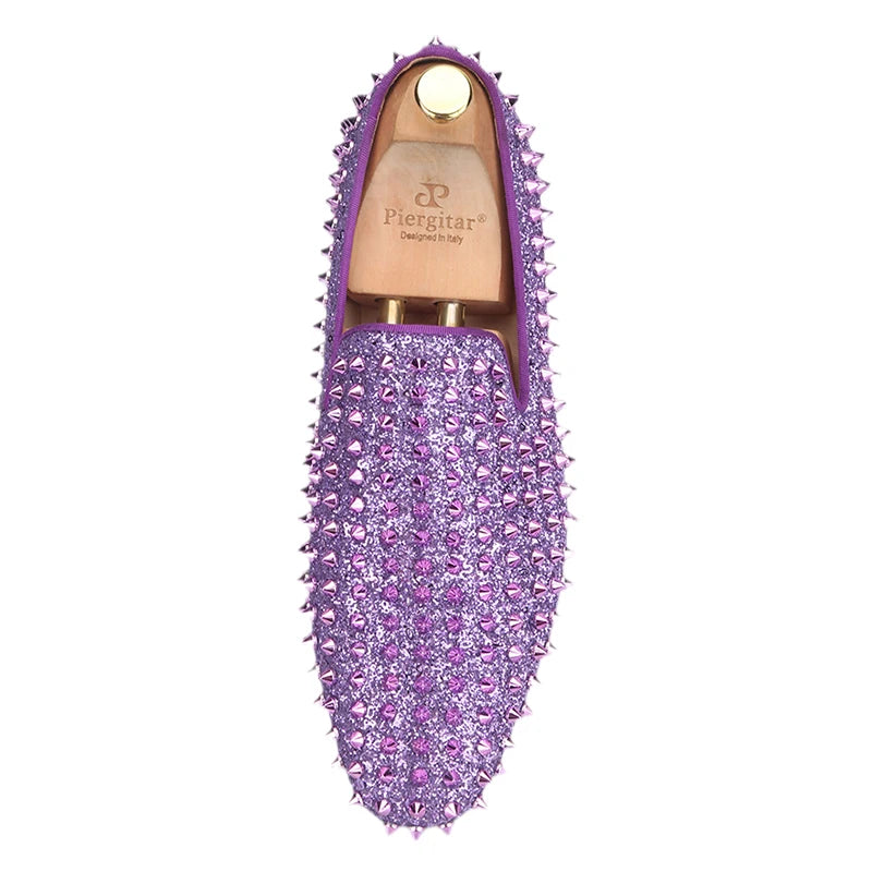 Piergitar New Style Purple Spikes Men Casual Shoes For Party and Banquet CL Same Design Handmade Men's Loafers Red Sole