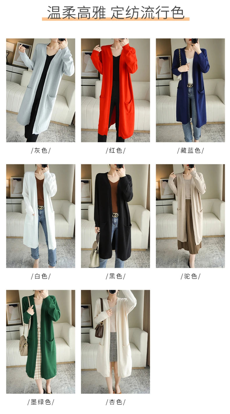 YSC New style Women Knitted Cashmere wool blend Cardigan V collar Super long style Buttonless pocket trim High-quality Cardigan