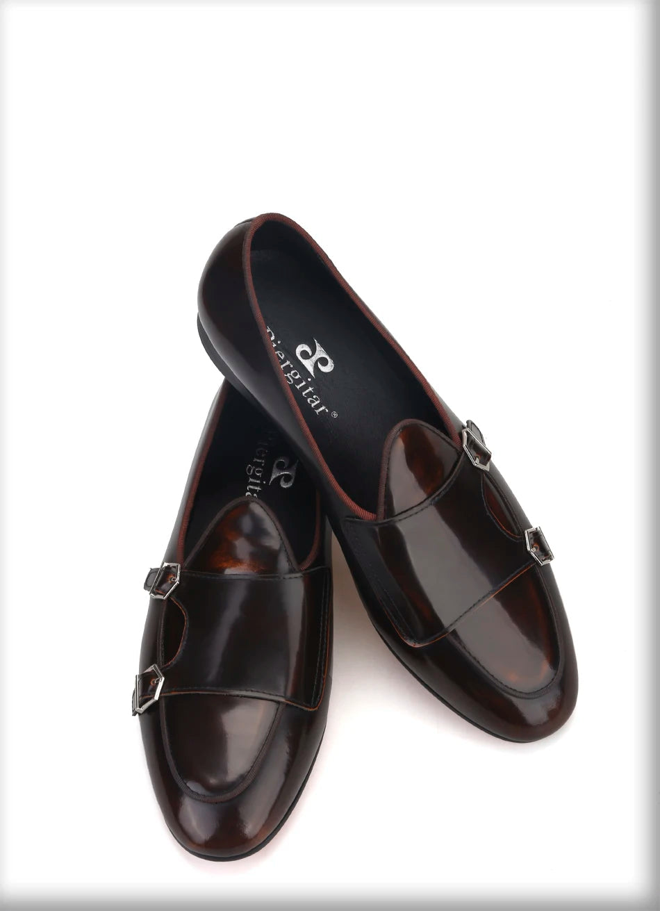 Plus size men's smoking slippers with metal buckle and handmade calfskin dress shoes for men.