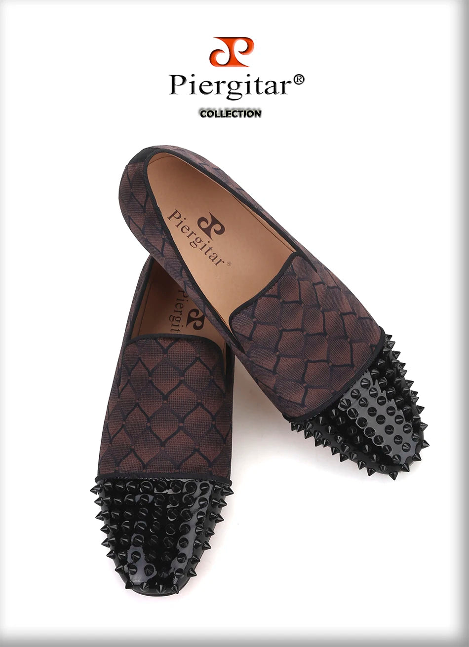 Piergitar 2022 Plaid Design Brown Velvet Men Studded Shoes Handmade Red Bottom Men's Loafers For Party And Banquet Plus Size