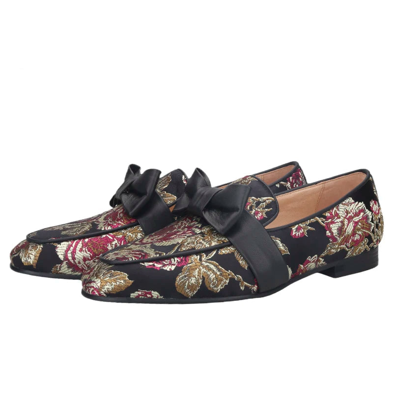New Style Floral Silk Men Moccasin Handmade leather Butterfly-Knot Men’s Flat Shoes Plus Size