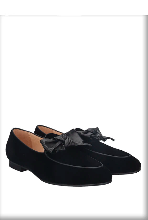 High Quality Men's Smoking Loafers in British Classic Style with Handmade Leather Bow Tie, Black Velvet Moccasin