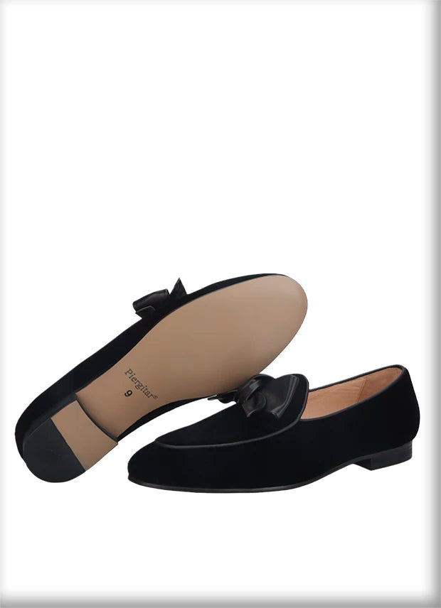 High Quality Men's Smoking Loafers in British Classic Style with Handmade Leather Bow Tie, Black Velvet Moccasin