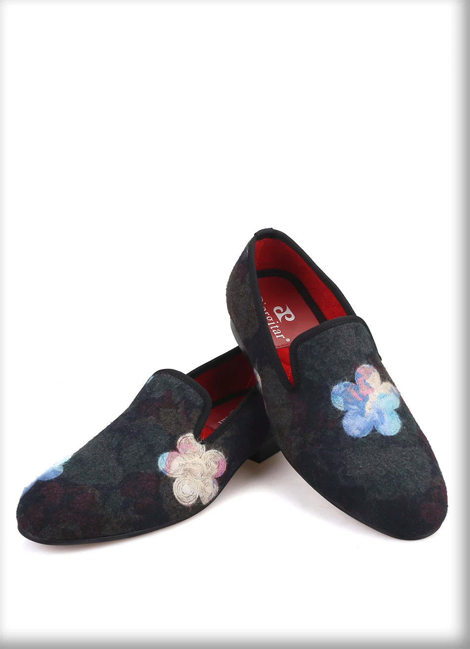 Mix color knitted fabric prom and party men's loafers style ethnic men's flats with flower printing