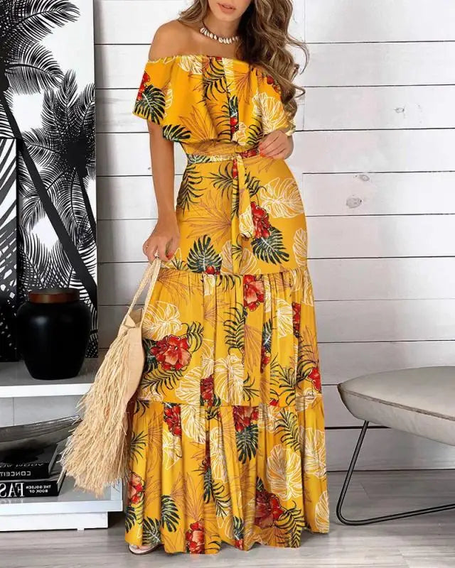 Women's Print Ruffle Maxi Sundress Dress