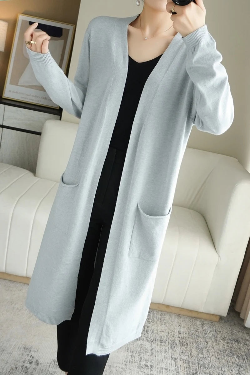 YSC New style Women Knitted Cashmere wool blend Cardigan V collar Super long style Buttonless pocket trim High-quality Cardigan