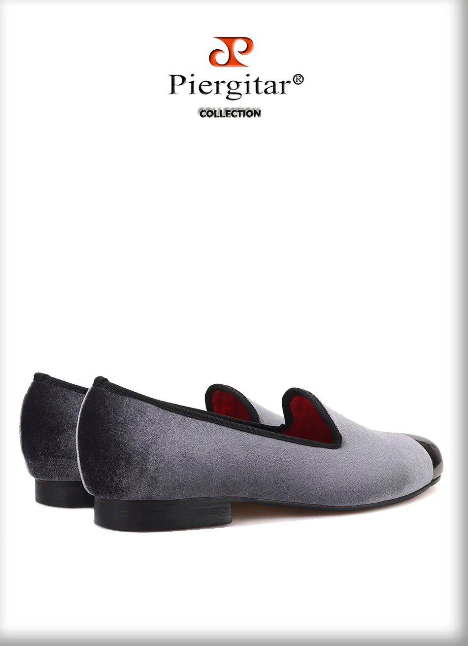 Piergitar gray color men velvet shoes with gun toe metal fashion party and wedding men loafers handmade men's smoking slippers