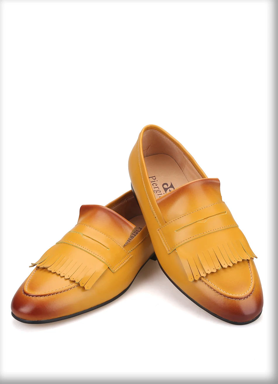 Yellow and Brown Colors Calfskin Slip-On Mens Dress Shoes for Party Handmade Male Smoking slippers