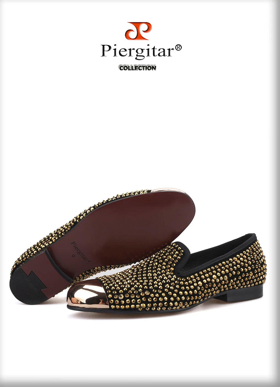 Piergitar gold metal toe and crystal men loafers handmade men's leather smoking slippers party and wedding men dress shoes