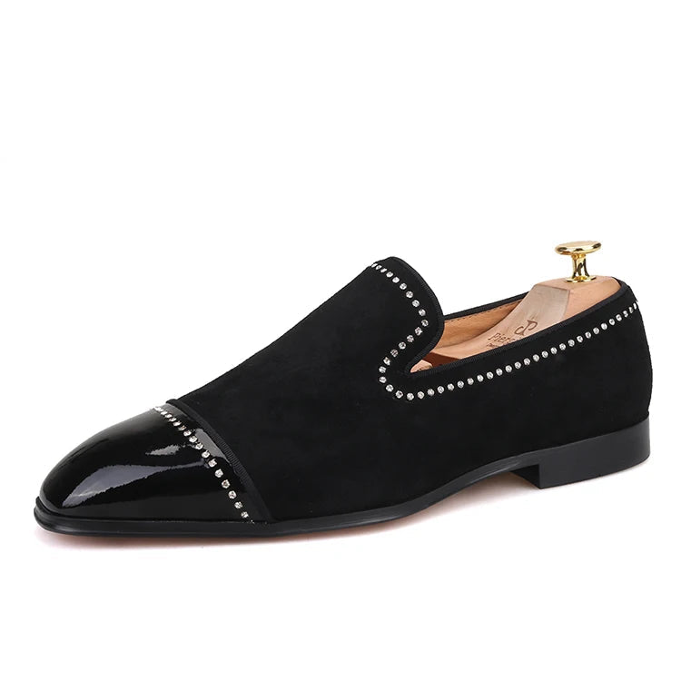 Men's dress shoes and casual shoes in black suede leather with rhinestones