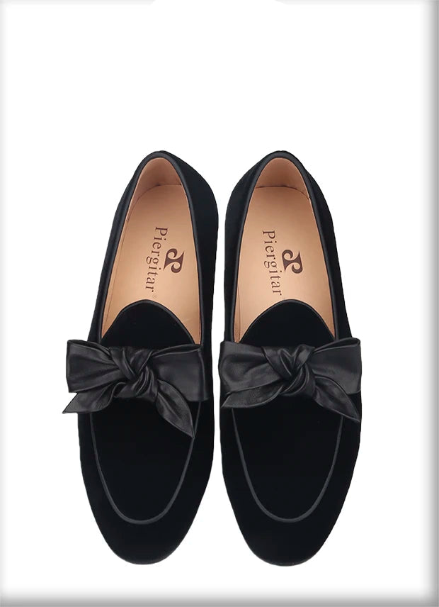 High Quality Men's Smoking Loafers in British Classic Style with Handmade Leather Bow Tie, Black Velvet Moccasin