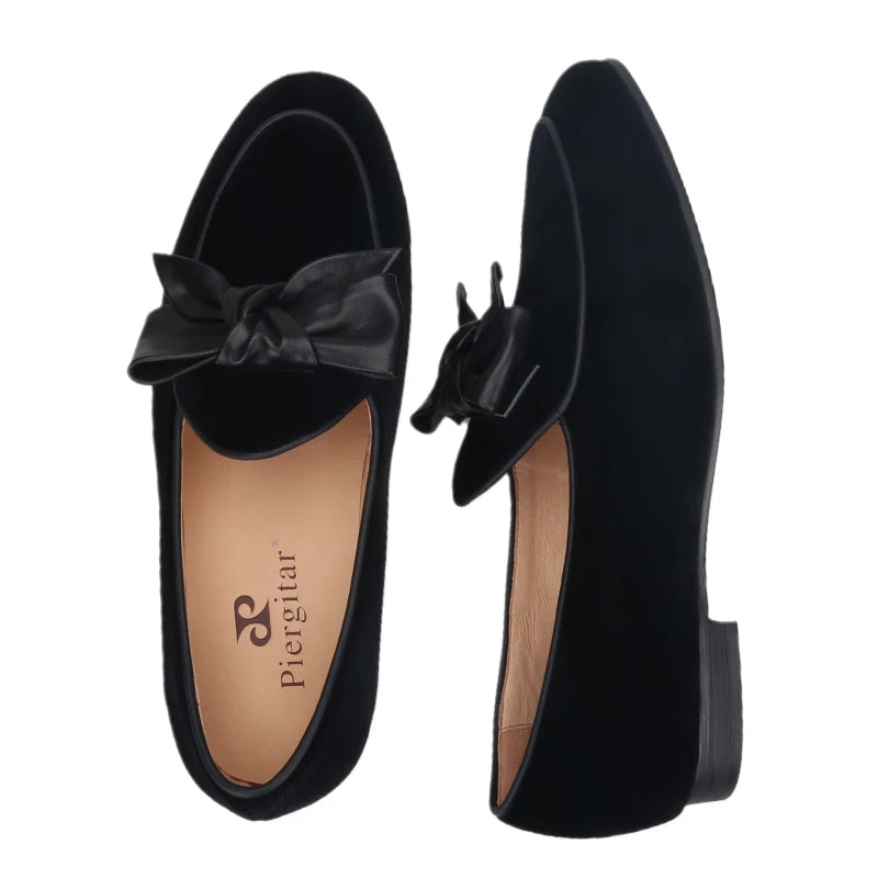 High Quality Men's Smoking Loafers in British Classic Style with Handmade Leather Bow Tie, Black Velvet Moccasin