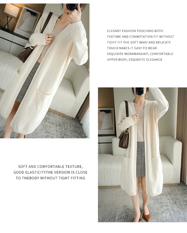 YSC New style Women Knitted Cashmere wool blend Cardigan V collar Super long style Buttonless pocket trim High-quality Cardigan
