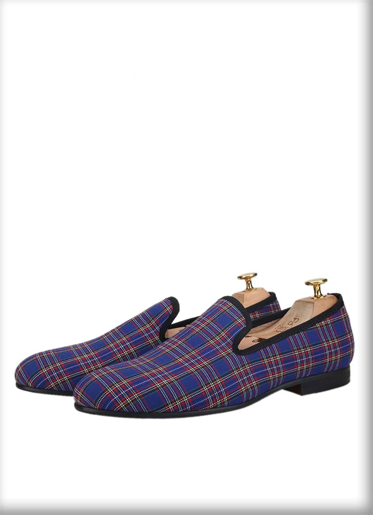 New Handmade Scottish plaid Men Fabric Shoes Men Casual Loafers Plus-Size Classic Smoking Flats