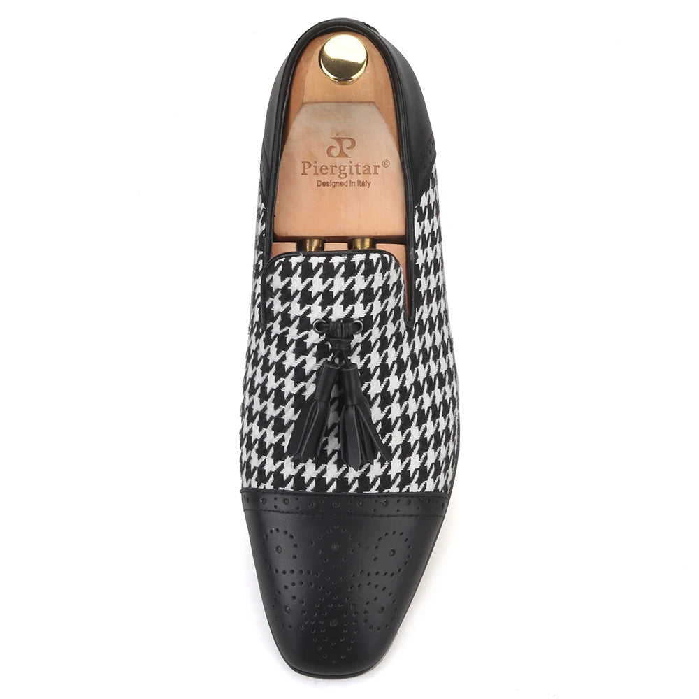 Piergitar brand new design houndstooth pattern men tassel shoes handmade men's loafers for party and prom men smoking slipper