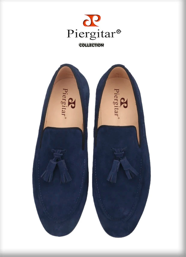 Piergitar Handmade Navy Suede Tassel Design Men's Loafers Classic Men Moccasin For Party And Prom Men's Casual Shoes Plus Size