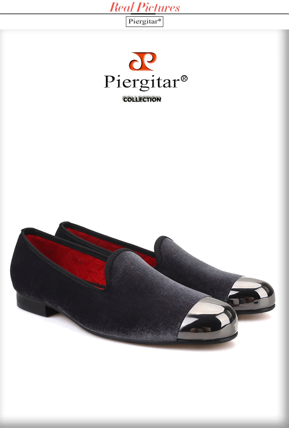 Piergitar gray color men velvet shoes with gun toe metal fashion party and wedding men loafers handmade men's smoking slippers