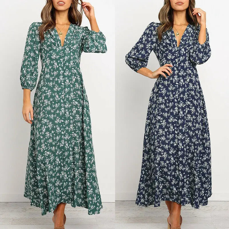 Women's Summer Bohemian Floral Print Long Maxi Dress Retro 3/4 Sleeve V-Neck Button Down High Waist Sundress Streetwear