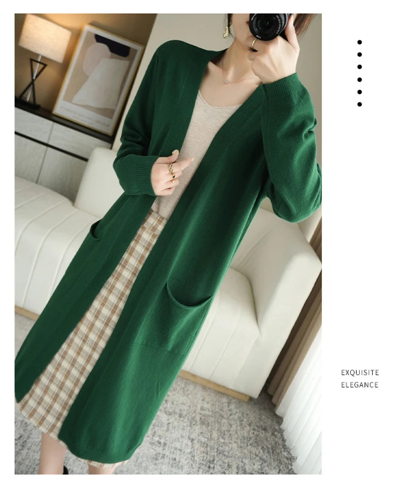 YSC New style Women Knitted Cashmere wool blend Cardigan V collar Super long style Buttonless pocket trim High-quality Cardigan