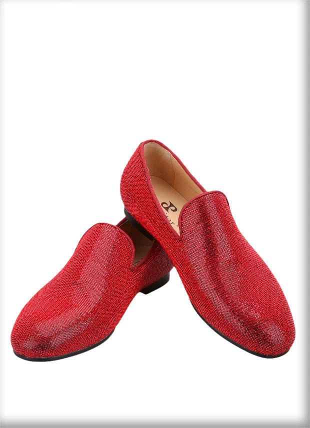 Handmade men's smoking slippers and loafers in red bottoms for weddings and parties.