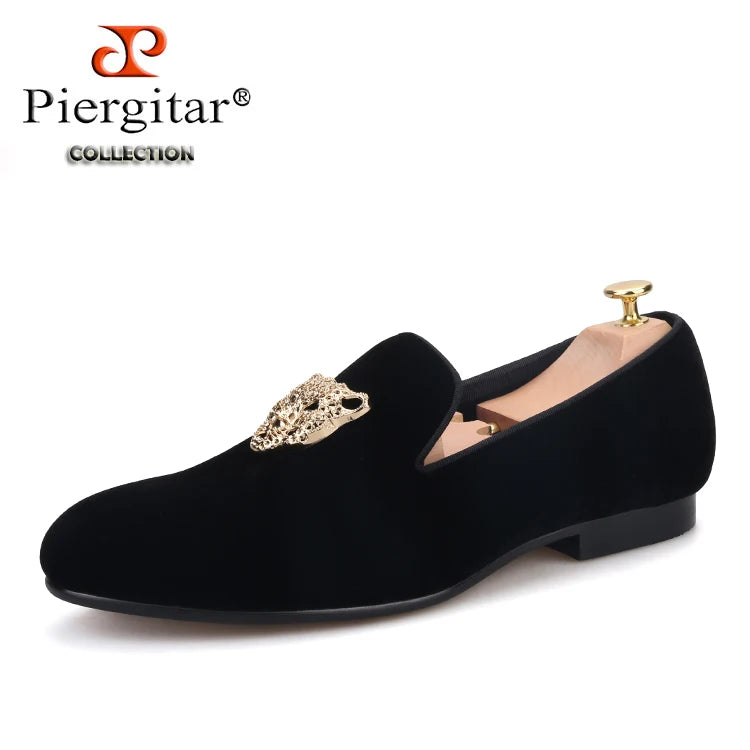 Piergitar leopard metal buckle men velvet shoes fashion party and wedding men loafers handmade men's smoking slippers plus size