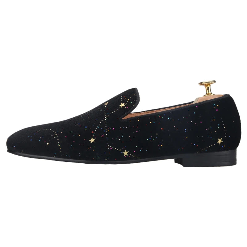 Piergitar 2021 Black Velvet Gold Dot Print Moccasin Handmade Men's Loafers British Classic Style Smoking Slippers Plus Size