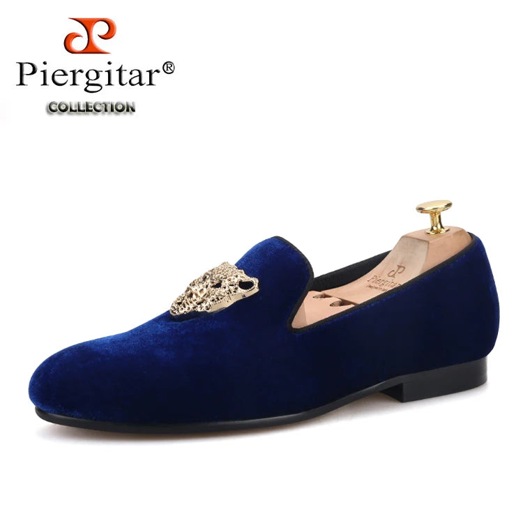 Piergitar leopard metal buckle men velvet shoes fashion party and wedding men loafers handmade men's smoking slippers plus size