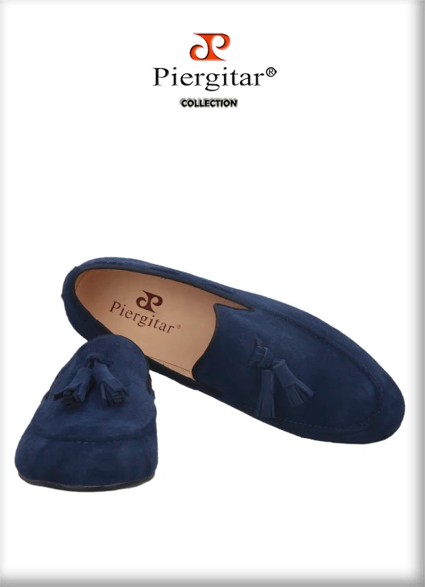 Piergitar Handmade Navy Suede Tassel Design Men's Loafers Classic Men Moccasin For Party And Prom Men's Casual Shoes Plus Size
