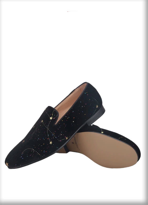 Customized Chinese style slip-on smoking shoes with gold totem print on black velvet.