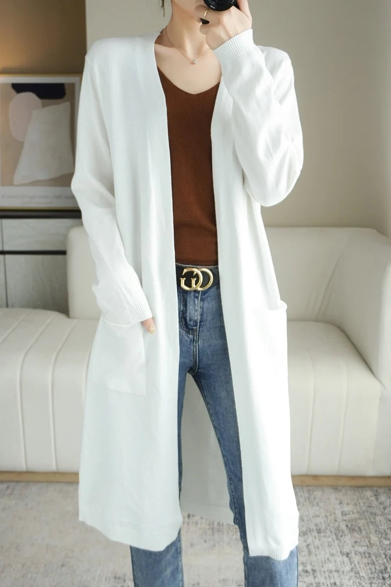 YSC New style Women Knitted Cashmere wool blend Cardigan V collar Super long style Buttonless pocket trim High-quality Cardigan