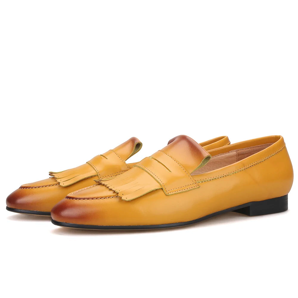Yellow and Brown Colors Calfskin Slip-On Mens Dress Shoes for Party Handmade Male Smoking slippers