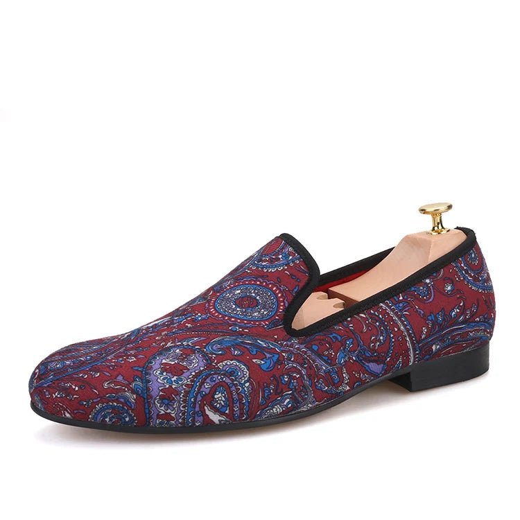 Men's smoking slippers and party shoes with cashew flowers on velvet in plus size.