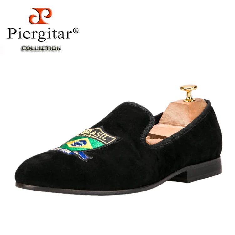 Piergitar Handmade Embroidery Of Four Powerful Football Countries Black Velvet Men Loafers Genuine Leather InSoles And Outsoles