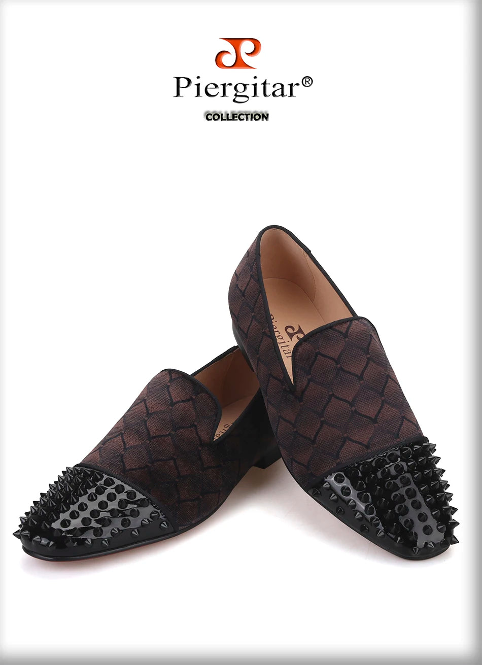 Piergitar 2022 Plaid Design Brown Velvet Men Studded Shoes Handmade Red Bottom Men's Loafers For Party And Banquet Plus Size
