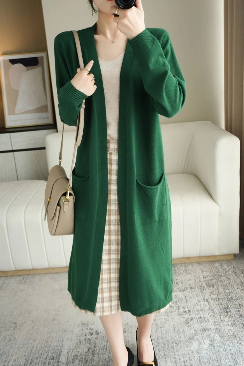 YSC New style Women Knitted Cashmere wool blend Cardigan V collar Super long style Buttonless pocket trim High-quality Cardigan