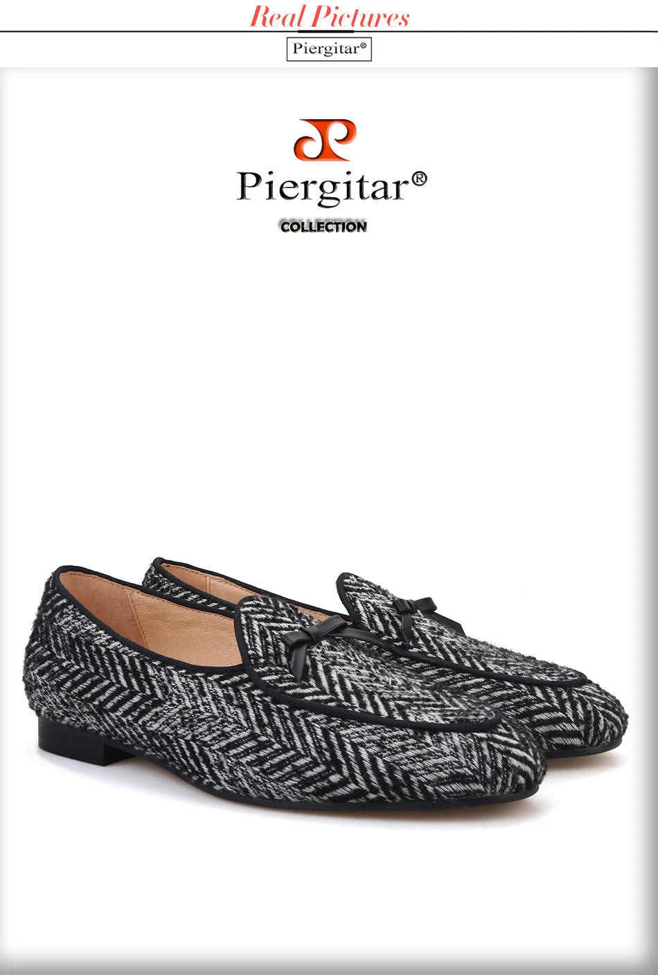 Piergitar handmade grey black knitted fabric men loafers with leather tie classic men's smoking slippers plus size