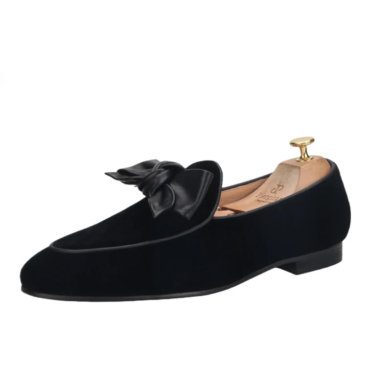 High Quality Men's Smoking Loafers in British Classic Style with Handmade Leather Bow Tie, Black Velvet Moccasin