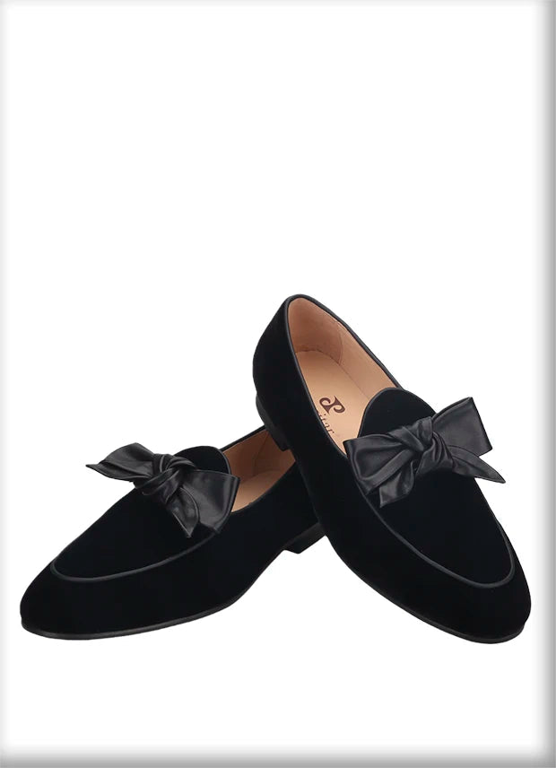 High Quality Men's Smoking Loafers in British Classic Style with Handmade Leather Bow Tie, Black Velvet Moccasin