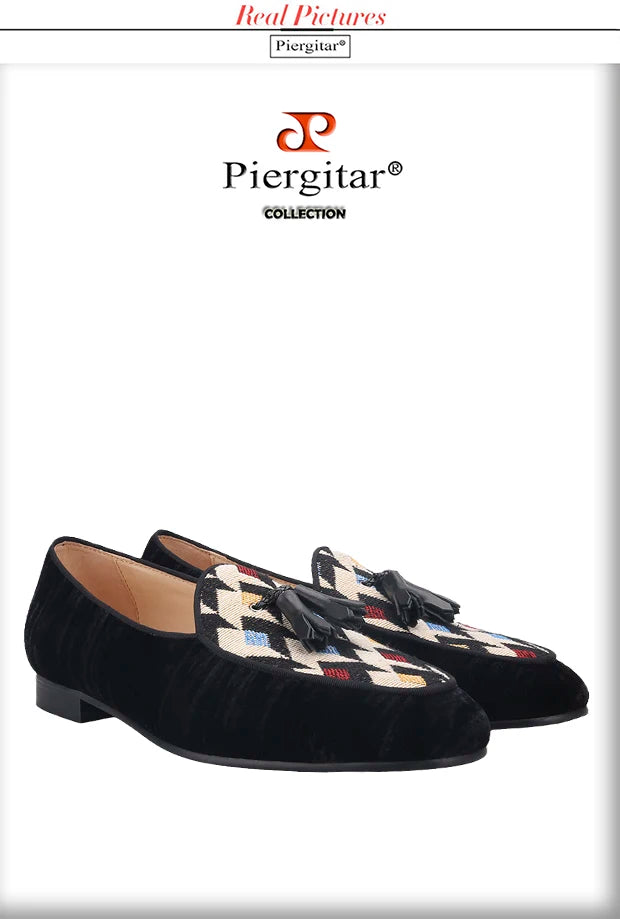 Piergitar 2021 Men Loafers Velvet Stitching Knit Man's Casual Shoes Handmade Tassel Male Smoking Slippers Man Flats Plus Size