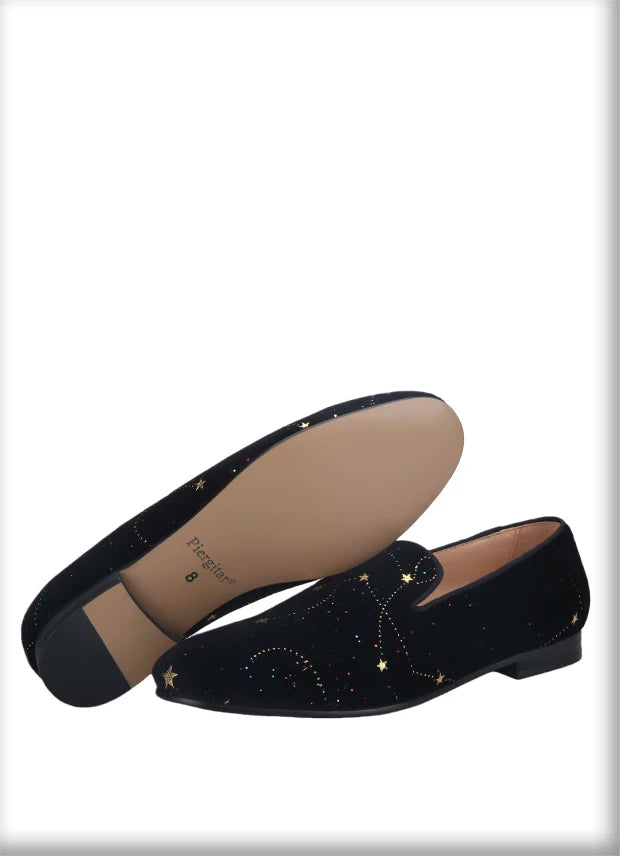 Customized Chinese style slip-on smoking shoes with gold totem print on black velvet.