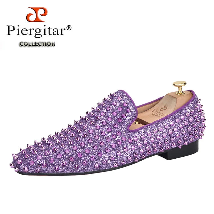 Piergitar New Style Purple Spikes Men Casual Shoes For Party and Banquet CL Same Design Handmade Men's Loafers Red Sole