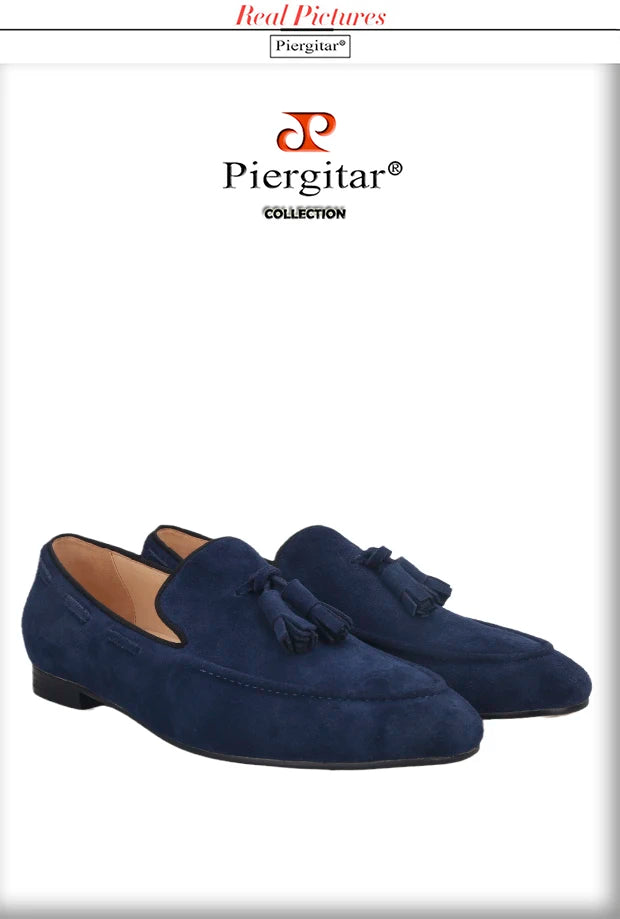 Piergitar Handmade Navy Suede Tassel Design Men's Loafers Classic Men Moccasin For Party And Prom Men's Casual Shoes Plus Size