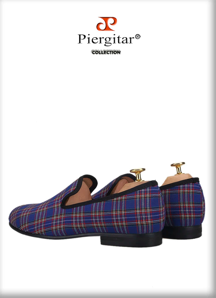 Piergitar 2021 New Handmade Scottish Plaid Men Fabric Shoes Men casual Loafers Plus Size Classic Smoking Slippers Flats